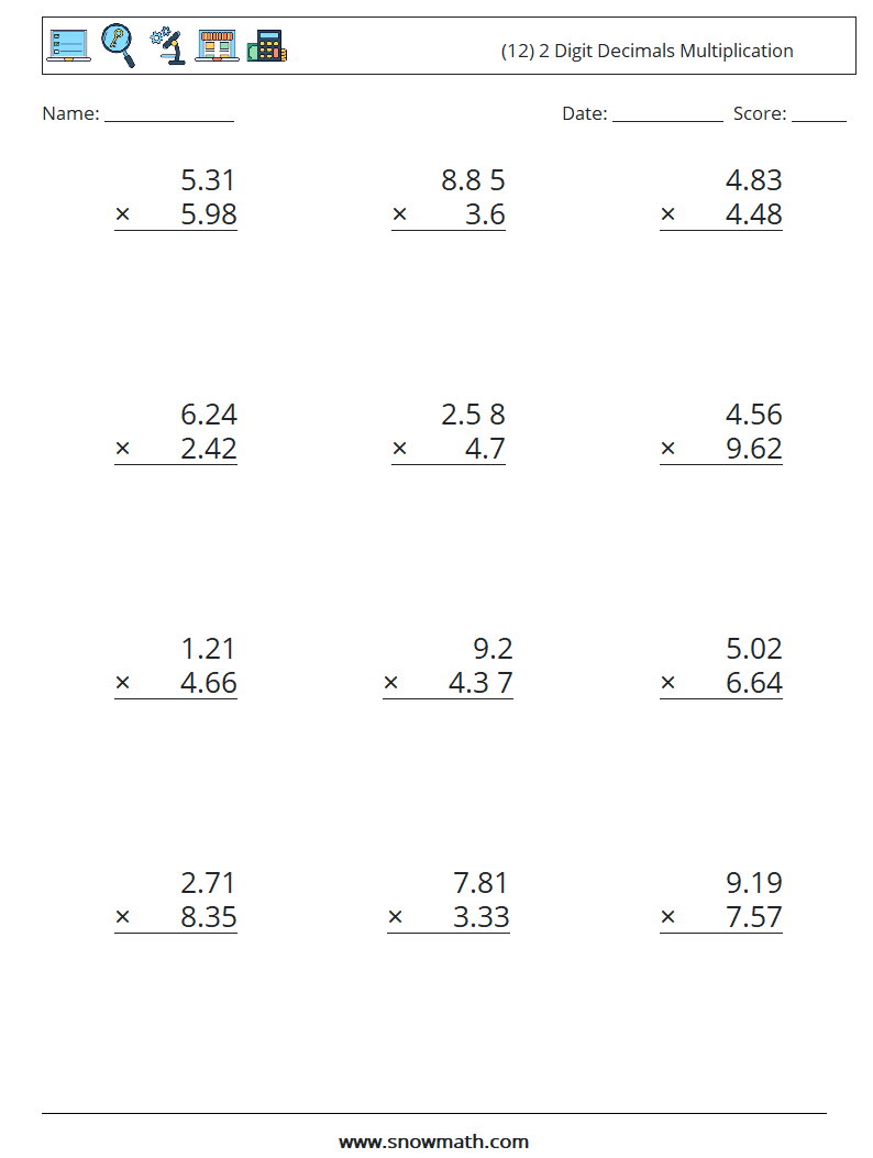 (12) 2 Digit Decimals Multiplication Maths Worksheets 14