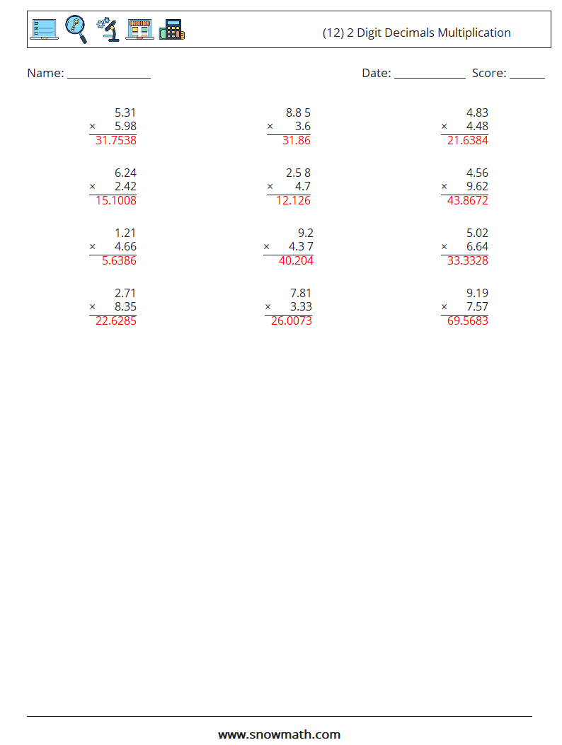 (12) 2 Digit Decimals Multiplication Maths Worksheets 14 Question, Answer