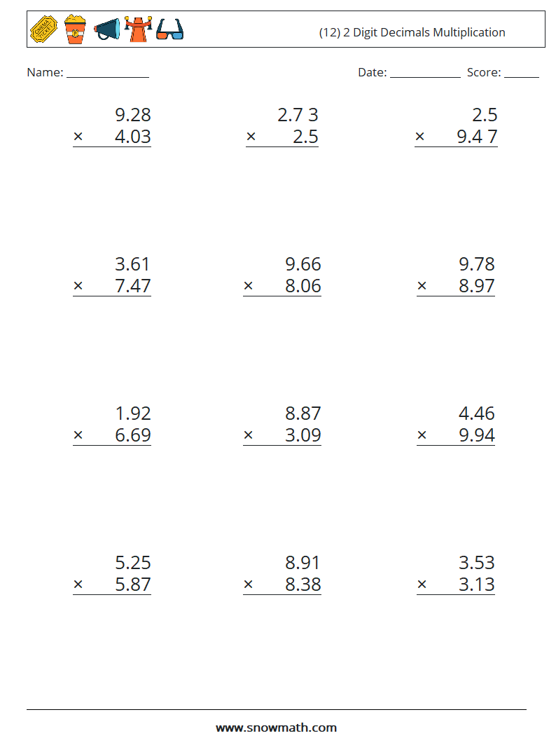 (12) 2 Digit Decimals Multiplication Maths Worksheets 15
