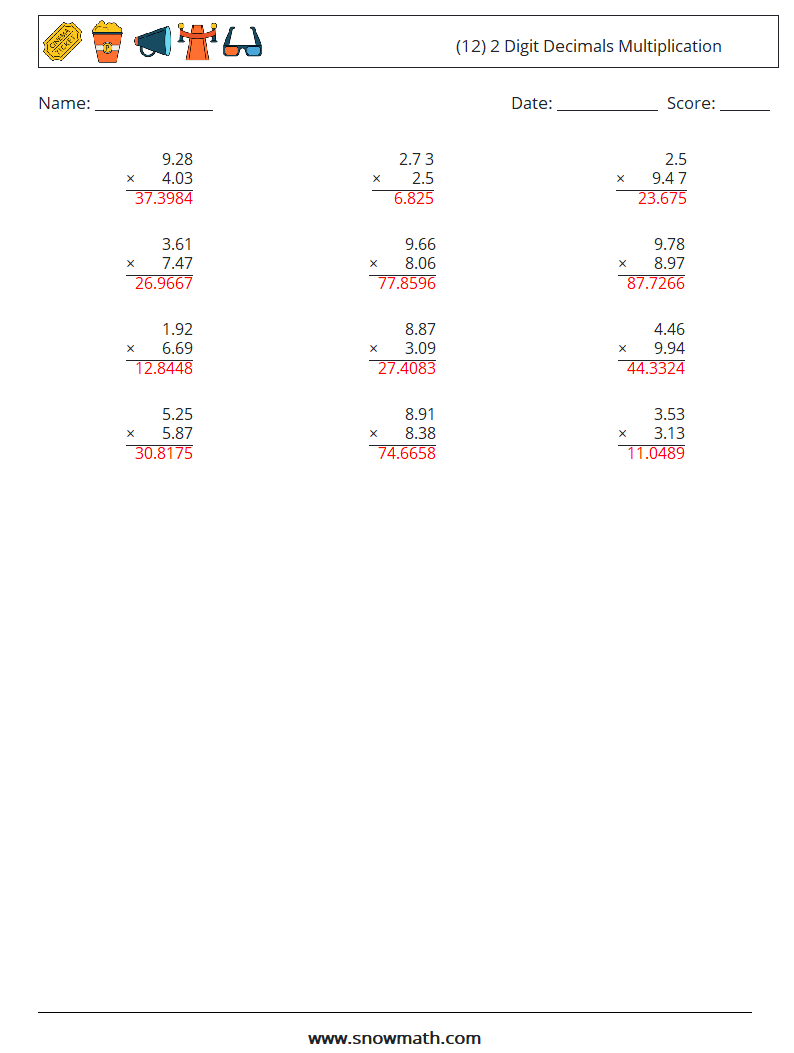 (12) 2 Digit Decimals Multiplication Maths Worksheets 15 Question, Answer