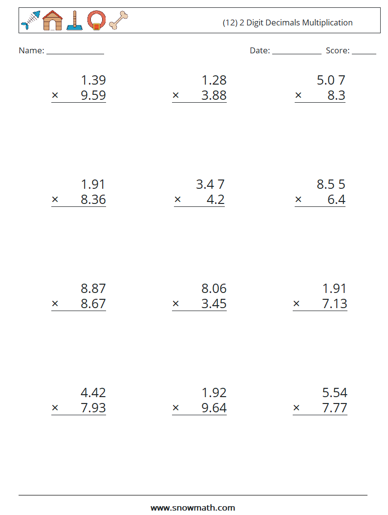 (12) 2 Digit Decimals Multiplication Maths Worksheets 16