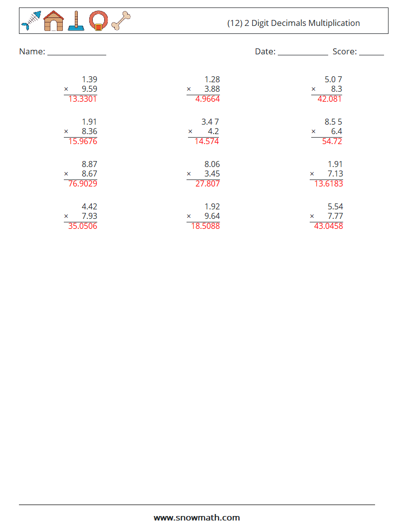 (12) 2 Digit Decimals Multiplication Maths Worksheets 16 Question, Answer