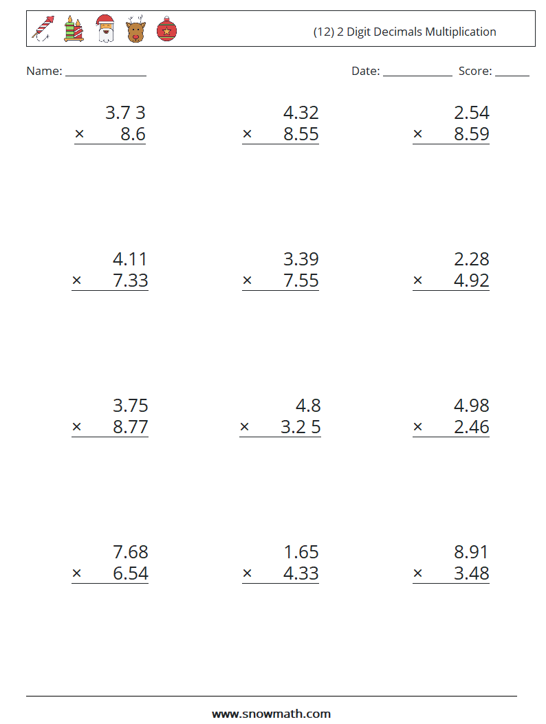 (12) 2 Digit Decimals Multiplication Maths Worksheets 17