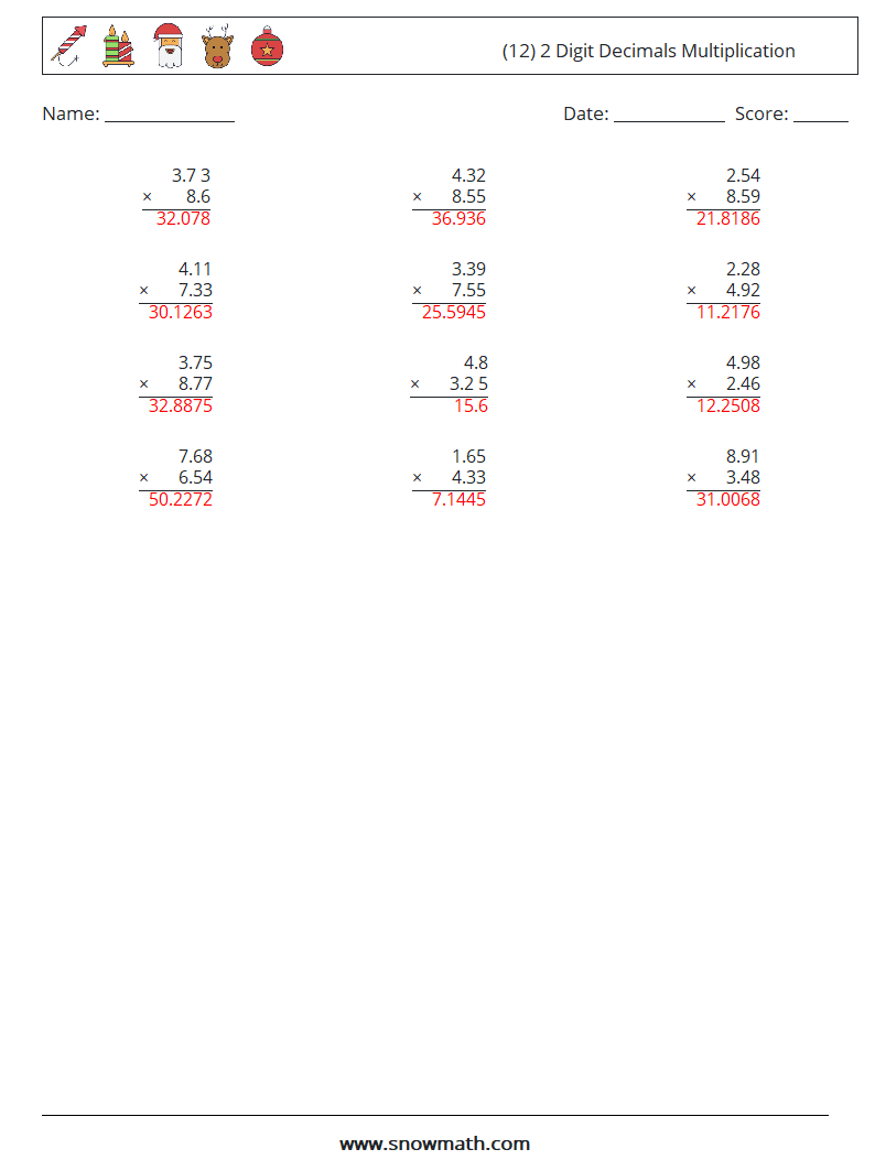 (12) 2 Digit Decimals Multiplication Maths Worksheets 17 Question, Answer