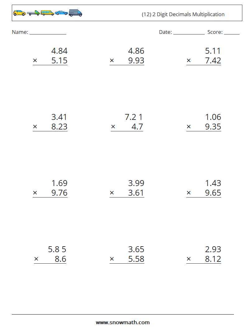 (12) 2 Digit Decimals Multiplication Maths Worksheets 18