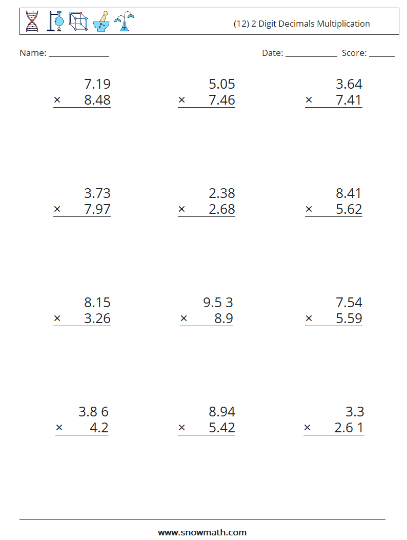 (12) 2 Digit Decimals Multiplication Maths Worksheets 2