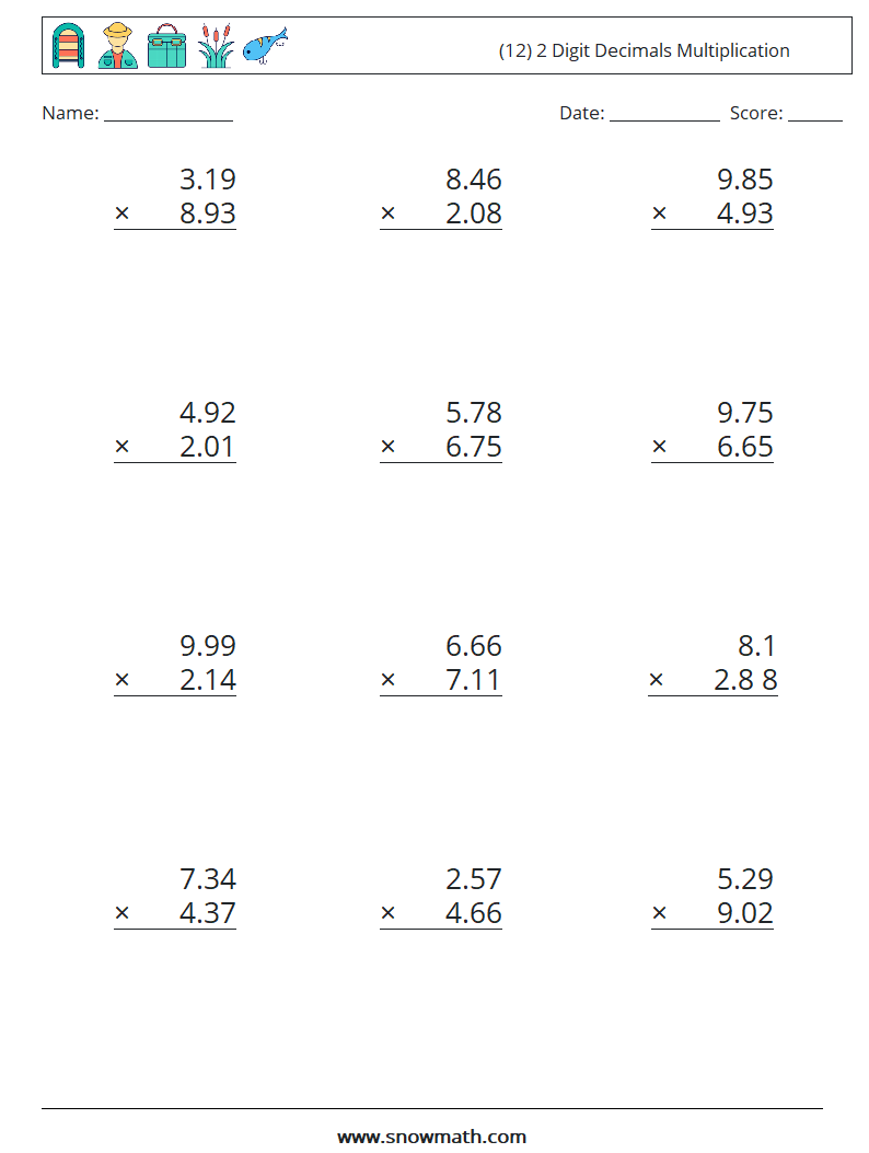 (12) 2 Digit Decimals Multiplication Maths Worksheets 3