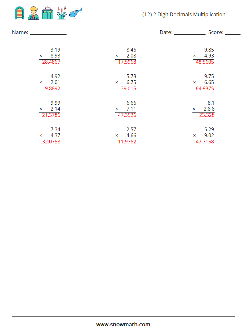 (12) 2 Digit Decimals Multiplication Maths Worksheets 3 Question, Answer