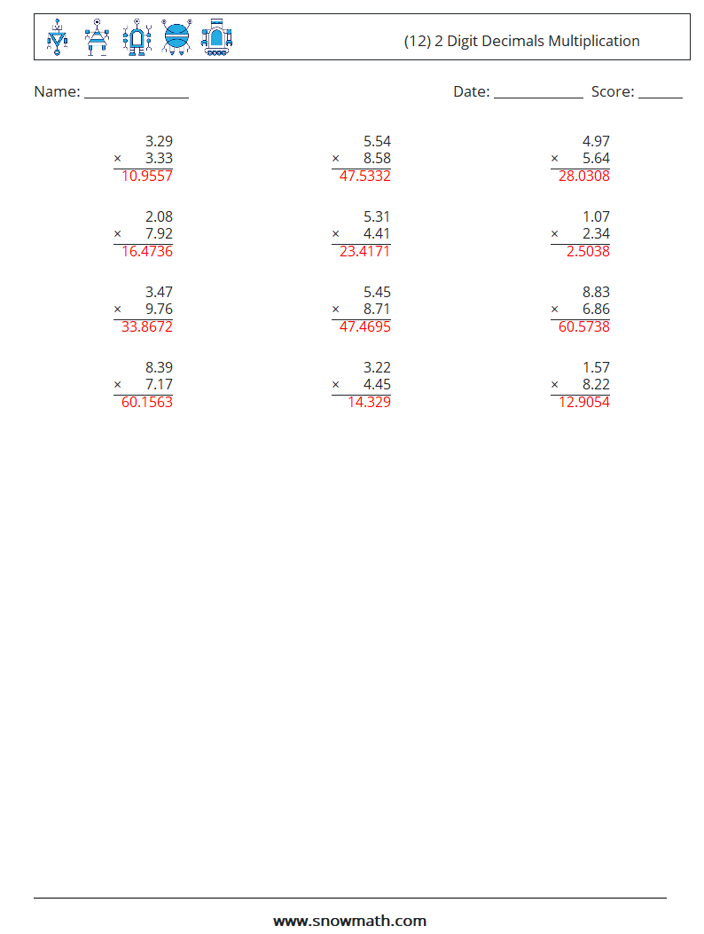 (12) 2 Digit Decimals Multiplication Maths Worksheets 4 Question, Answer