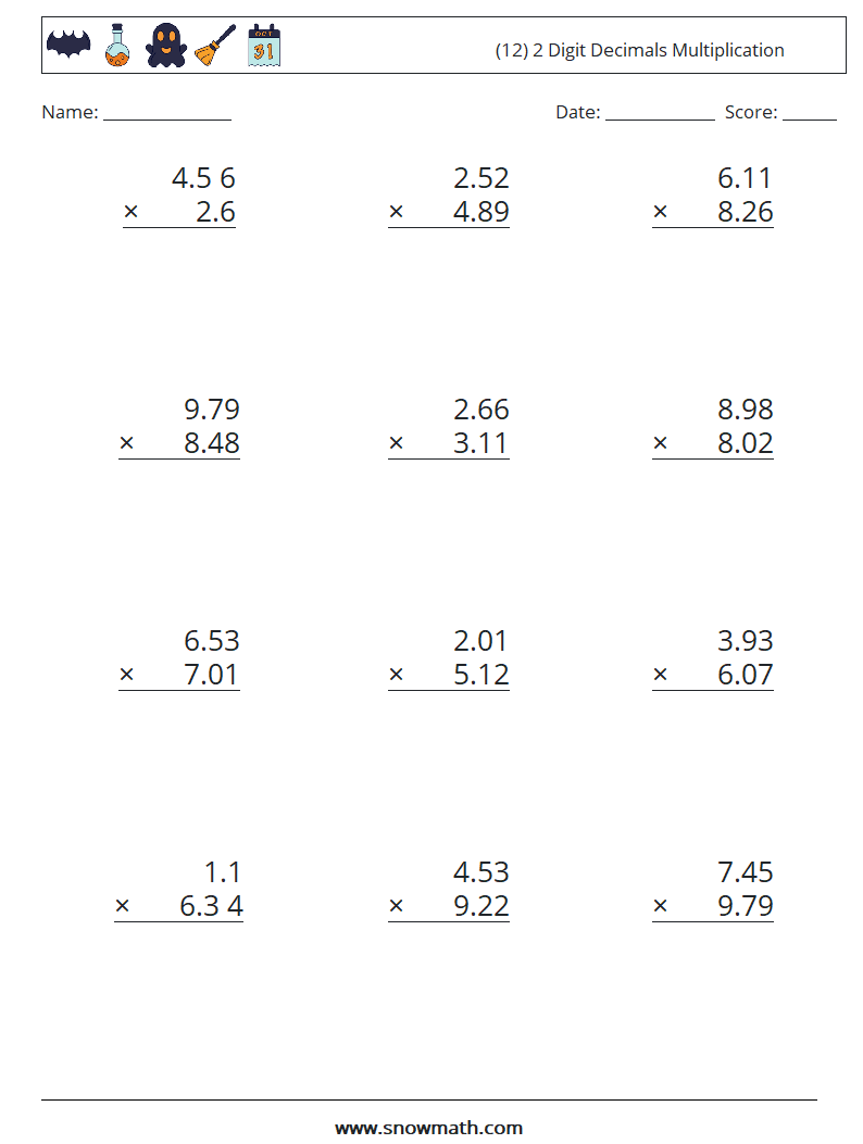 (12) 2 Digit Decimals Multiplication Maths Worksheets 5