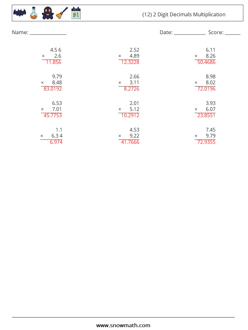 (12) 2 Digit Decimals Multiplication Maths Worksheets 5 Question, Answer