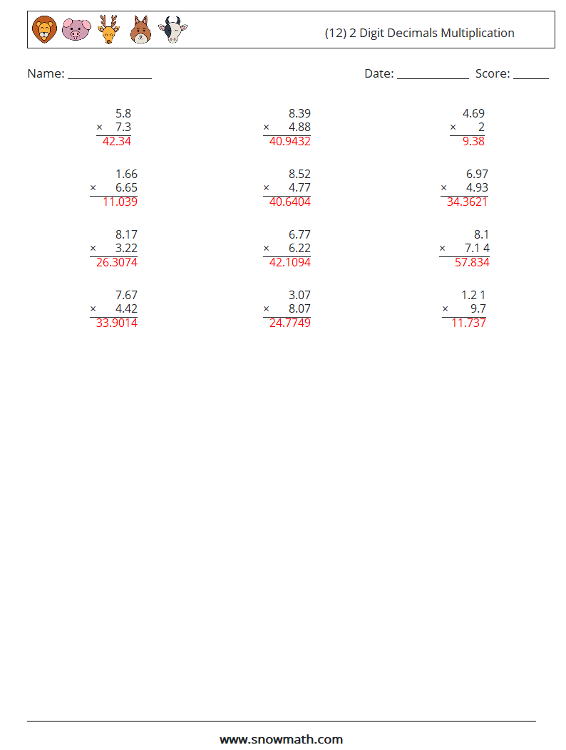 (12) 2 Digit Decimals Multiplication Maths Worksheets 7 Question, Answer