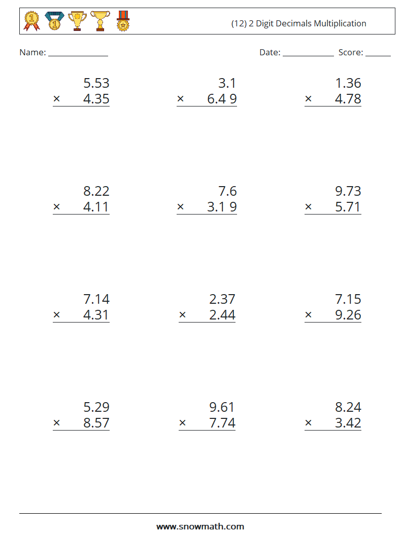 (12) 2 Digit Decimals Multiplication Maths Worksheets 8