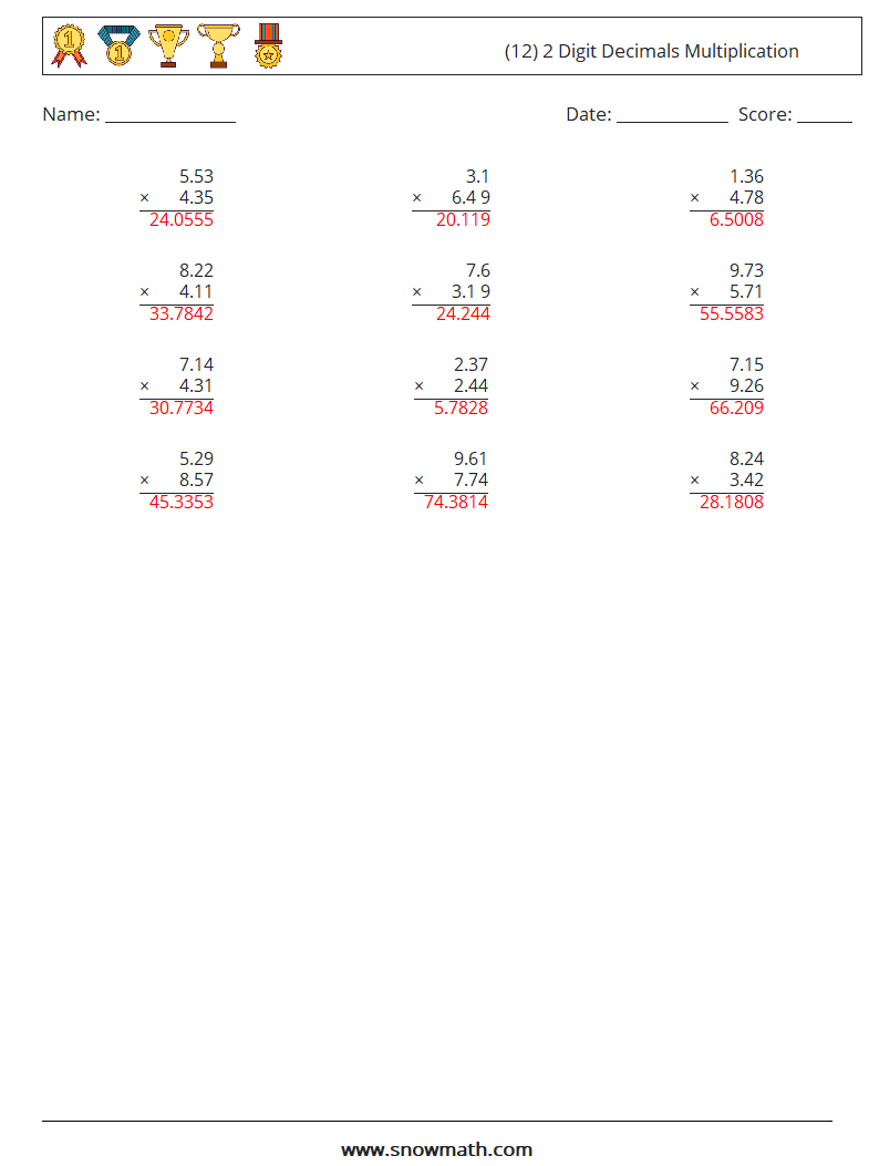 (12) 2 Digit Decimals Multiplication Maths Worksheets 8 Question, Answer