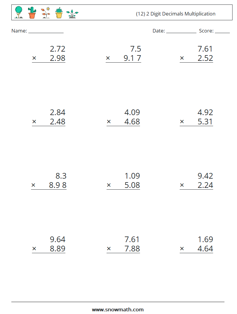 (12) 2 Digit Decimals Multiplication Maths Worksheets 9