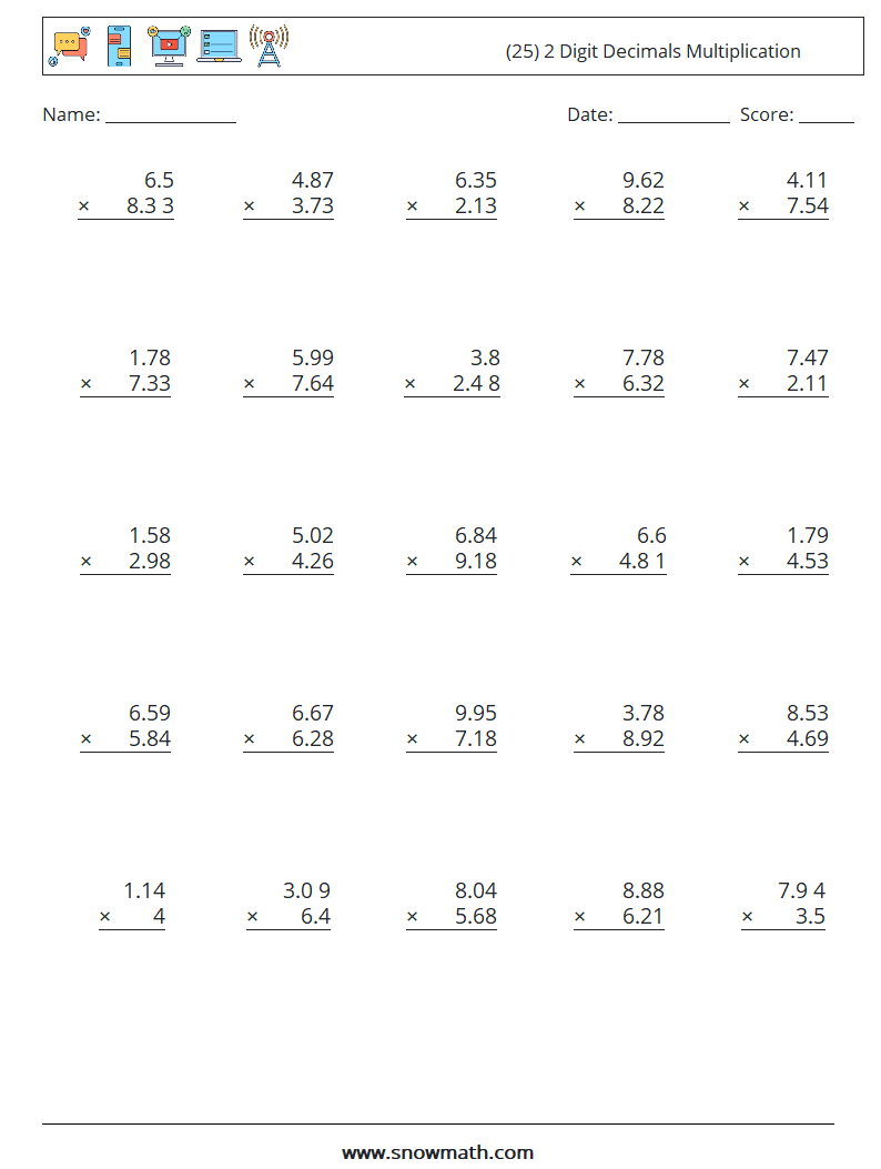 (25) 2 Digit Decimals Multiplication Maths Worksheets 10