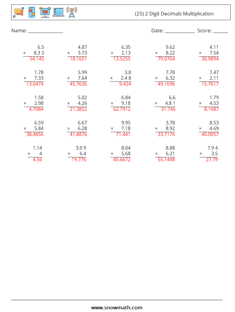 (25) 2 Digit Decimals Multiplication Maths Worksheets 10 Question, Answer