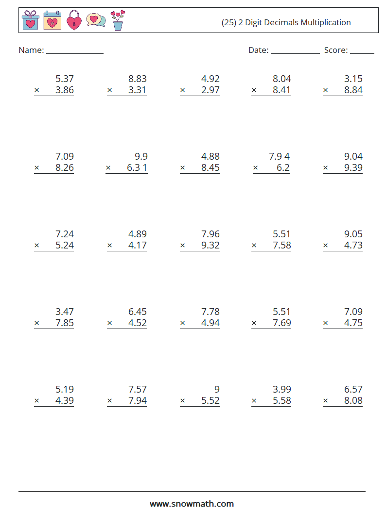 (25) 2 Digit Decimals Multiplication Maths Worksheets 11