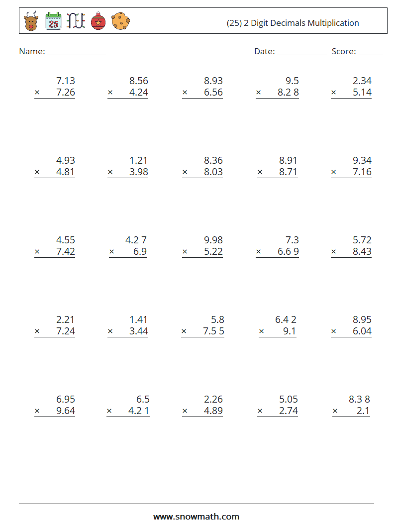(25) 2 Digit Decimals Multiplication Maths Worksheets 13