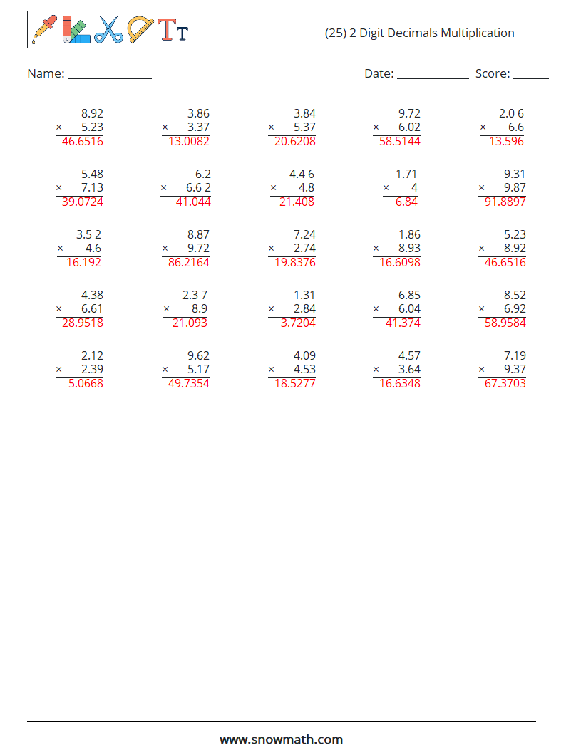 (25) 2 Digit Decimals Multiplication Maths Worksheets 14 Question, Answer