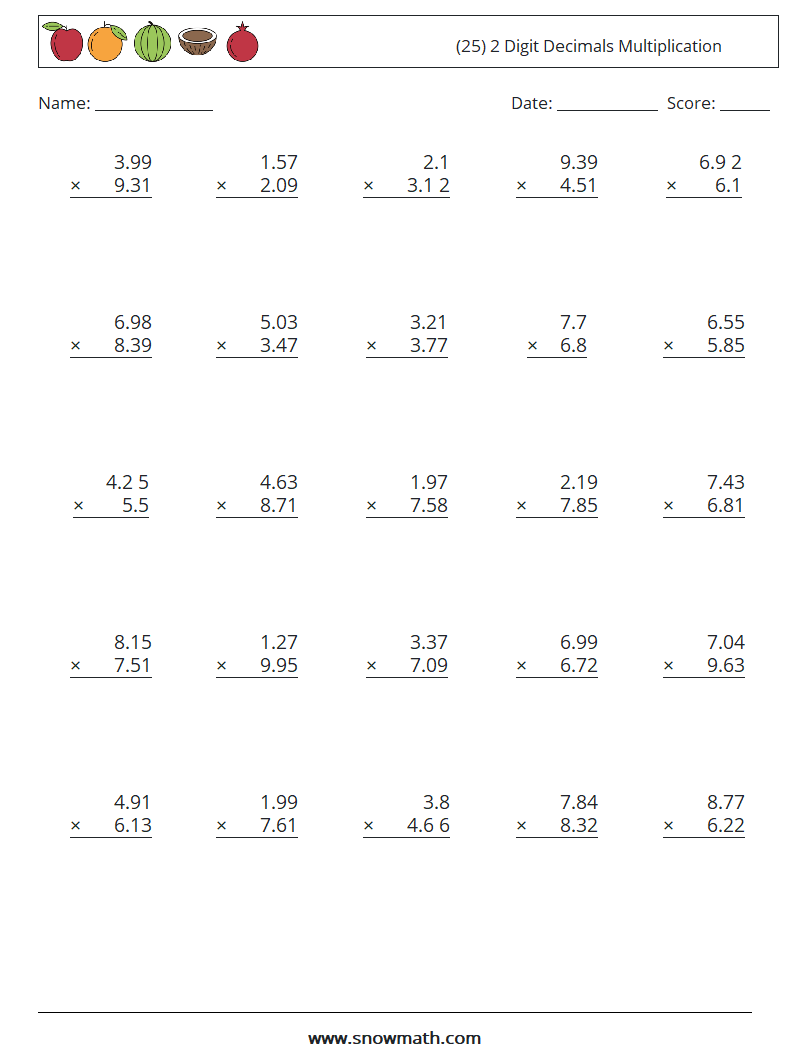 (25) 2 Digit Decimals Multiplication Maths Worksheets 16