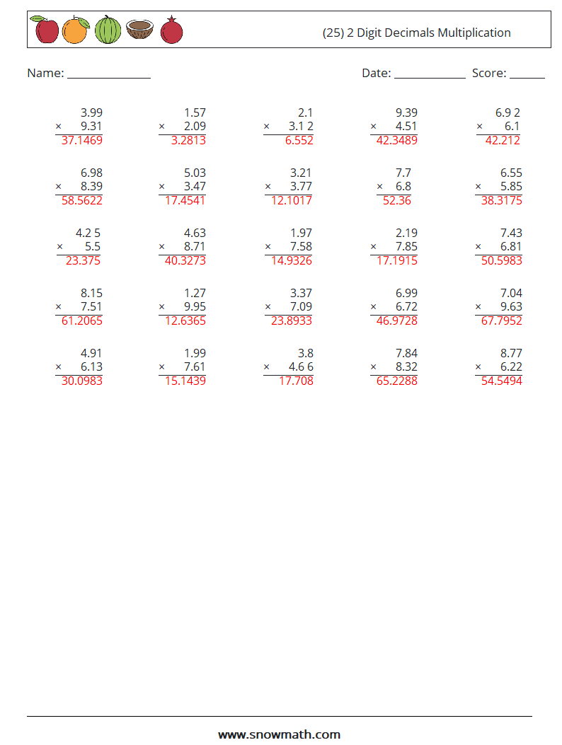 (25) 2 Digit Decimals Multiplication Maths Worksheets 16 Question, Answer