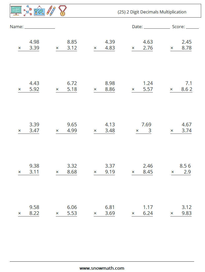(25) 2 Digit Decimals Multiplication Maths Worksheets 18