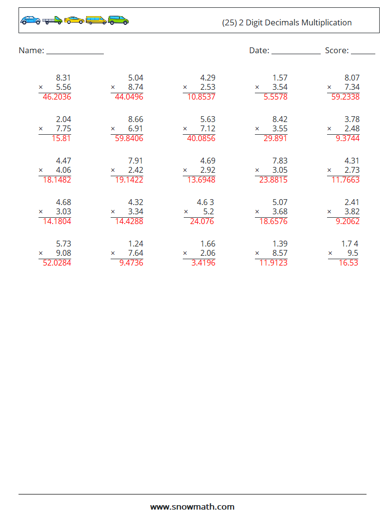 (25) 2 Digit Decimals Multiplication Maths Worksheets 1 Question, Answer