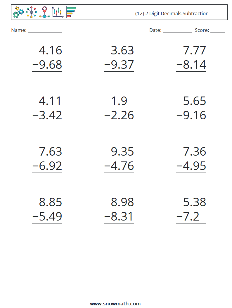 (12) 2 Digit Decimals Subtraction Maths Worksheets 11