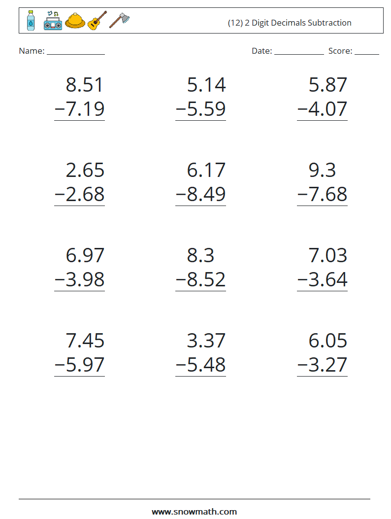 (12) 2 Digit Decimals Subtraction Maths Worksheets 12