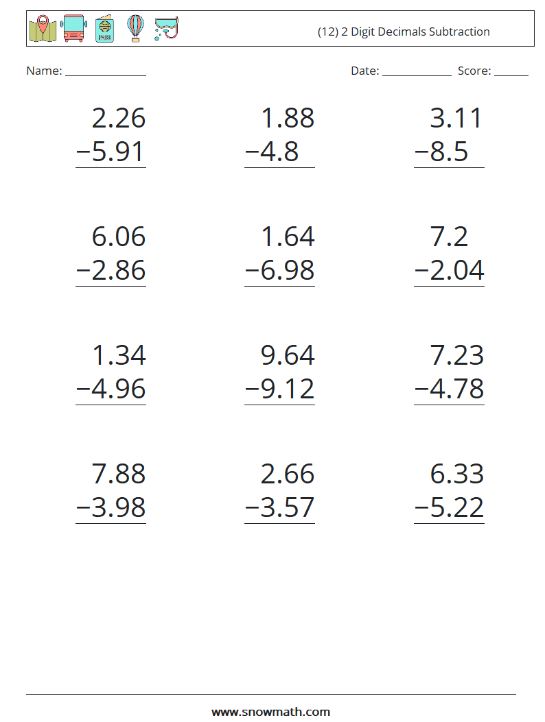 (12) 2 Digit Decimals Subtraction Maths Worksheets 13