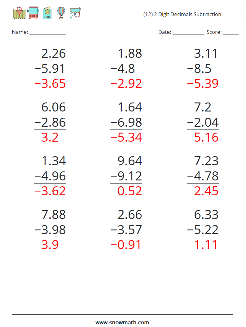 (12) 2 Digit Decimals Subtraction Maths Worksheets 13 Question, Answer