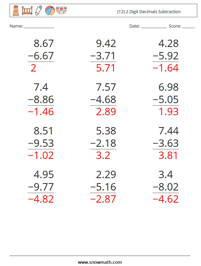 (12) 2 Digit Decimals Subtraction Maths Worksheets 17 Question, Answer