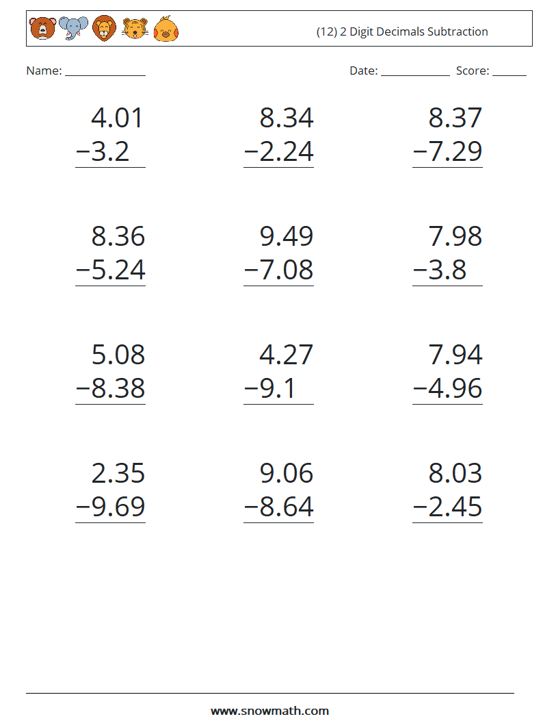 (12) 2 Digit Decimals Subtraction Maths Worksheets 18