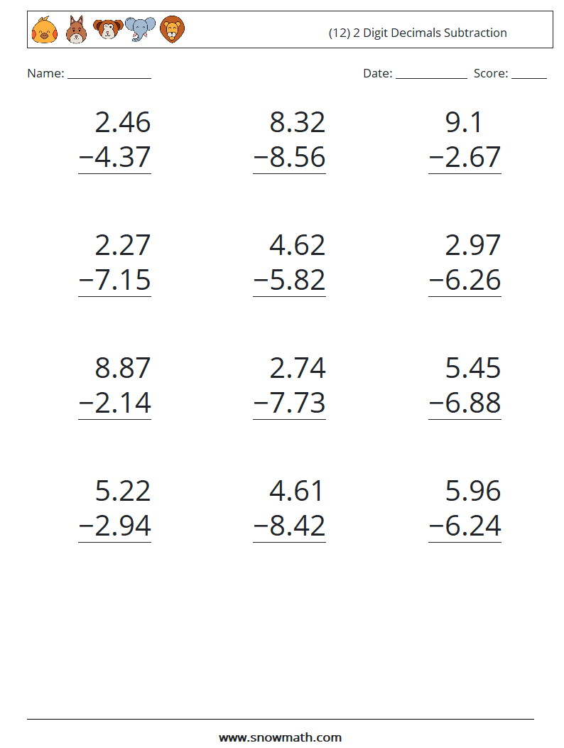 (12) 2 Digit Decimals Subtraction Maths Worksheets 9