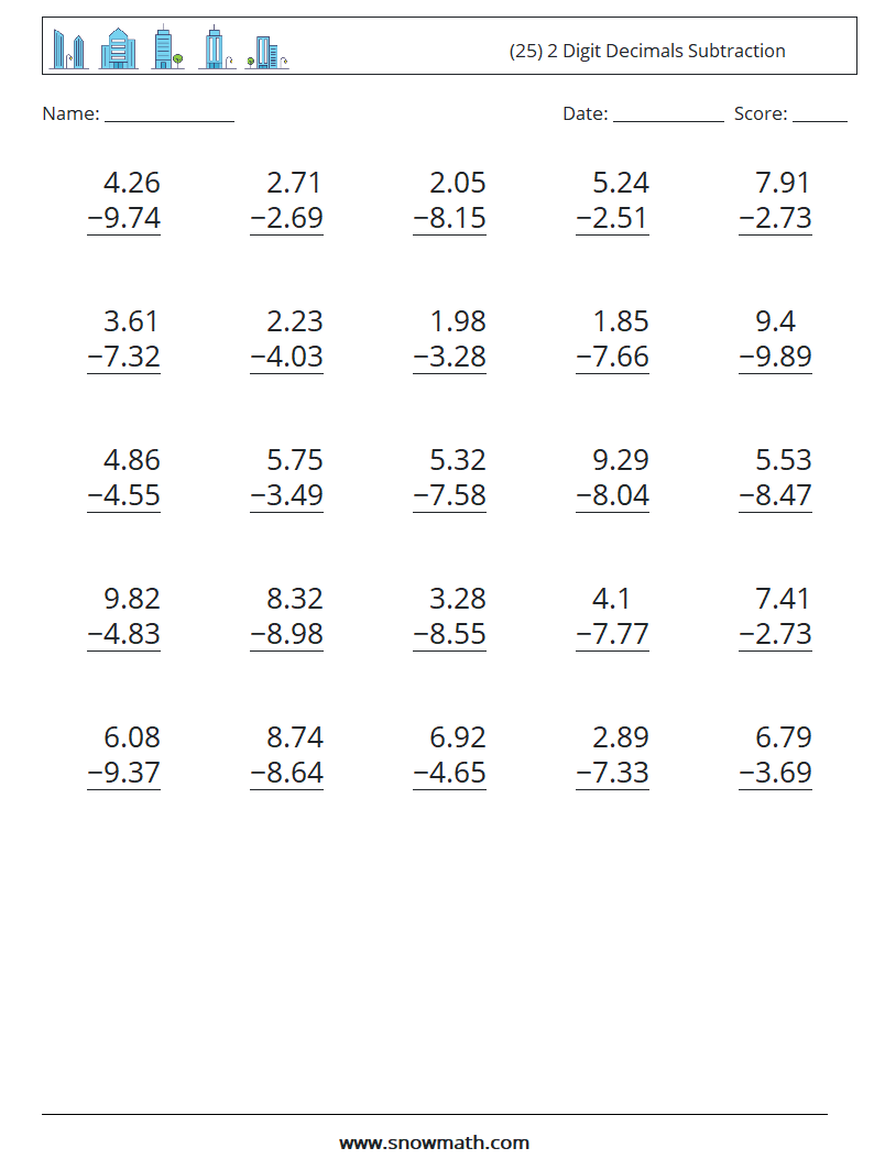 (25) 2 Digit Decimals Subtraction Maths Worksheets 1