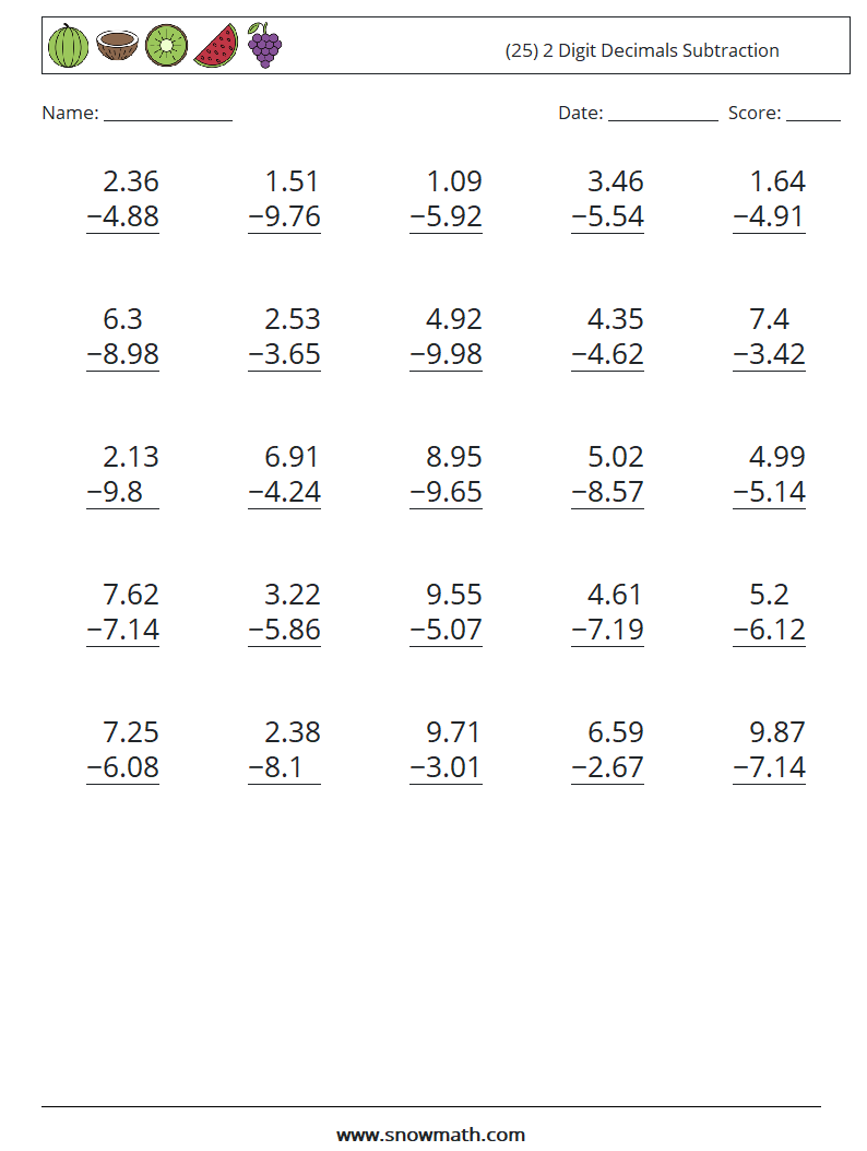 (25) 2 Digit Decimals Subtraction Maths Worksheets 12
