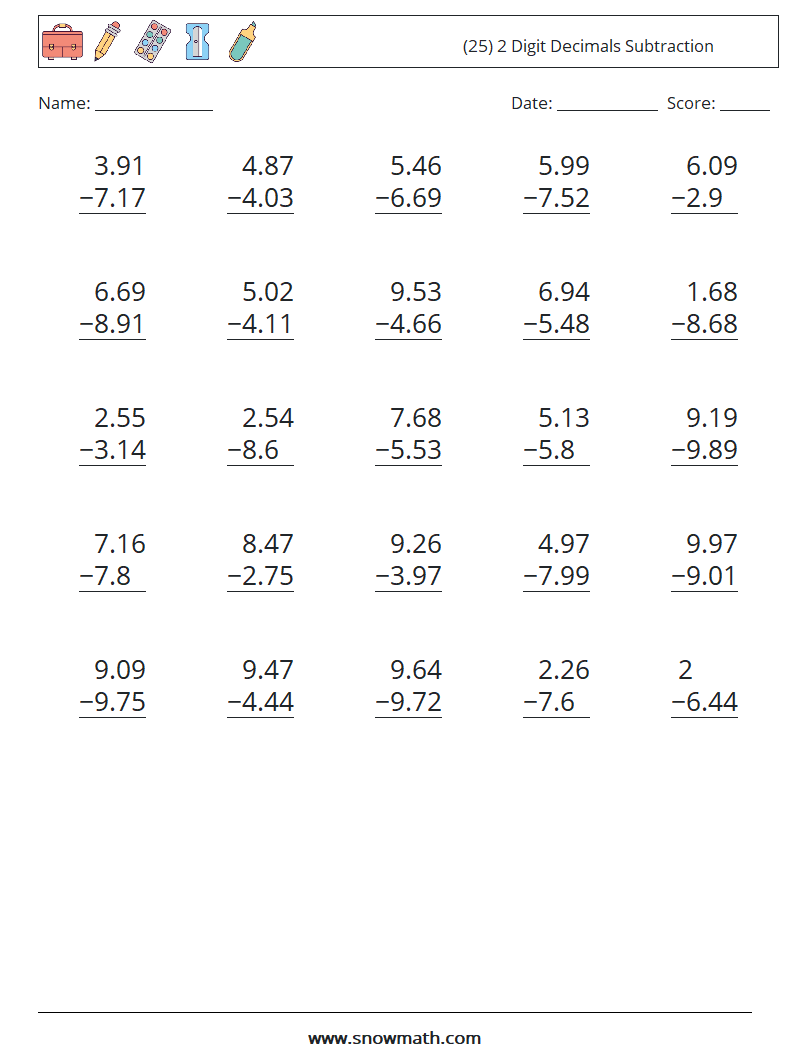 (25) 2 Digit Decimals Subtraction Maths Worksheets 14