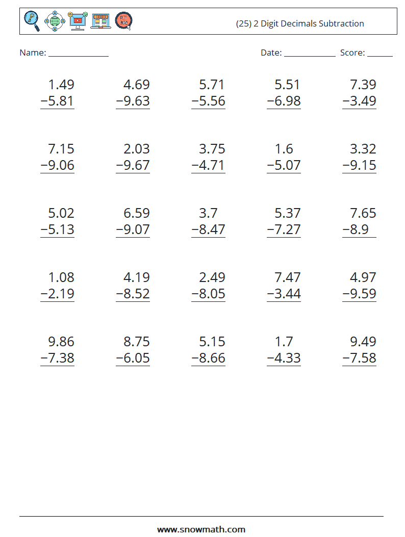 (25) 2 Digit Decimals Subtraction Maths Worksheets 15