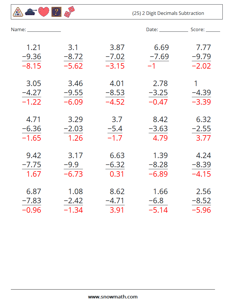 (25) 2 Digit Decimals Subtraction Maths Worksheets 18 Question, Answer