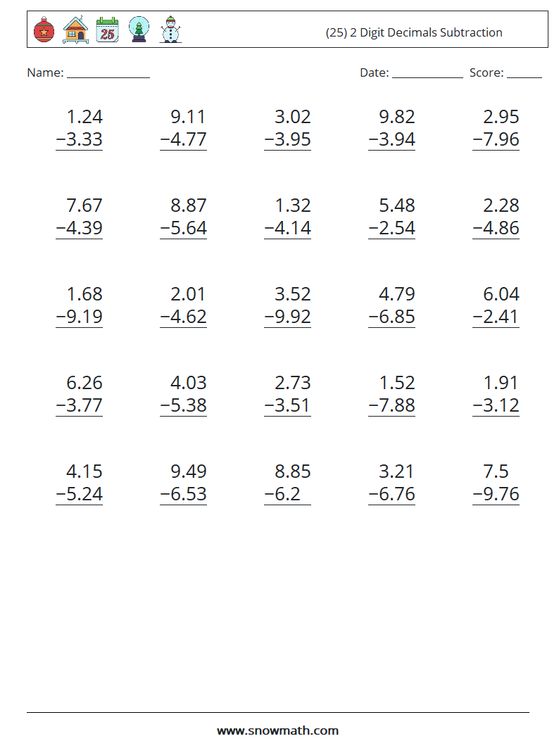 (25) 2 Digit Decimals Subtraction Maths Worksheets 3