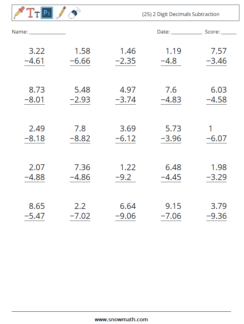 (25) 2 Digit Decimals Subtraction Maths Worksheets 6