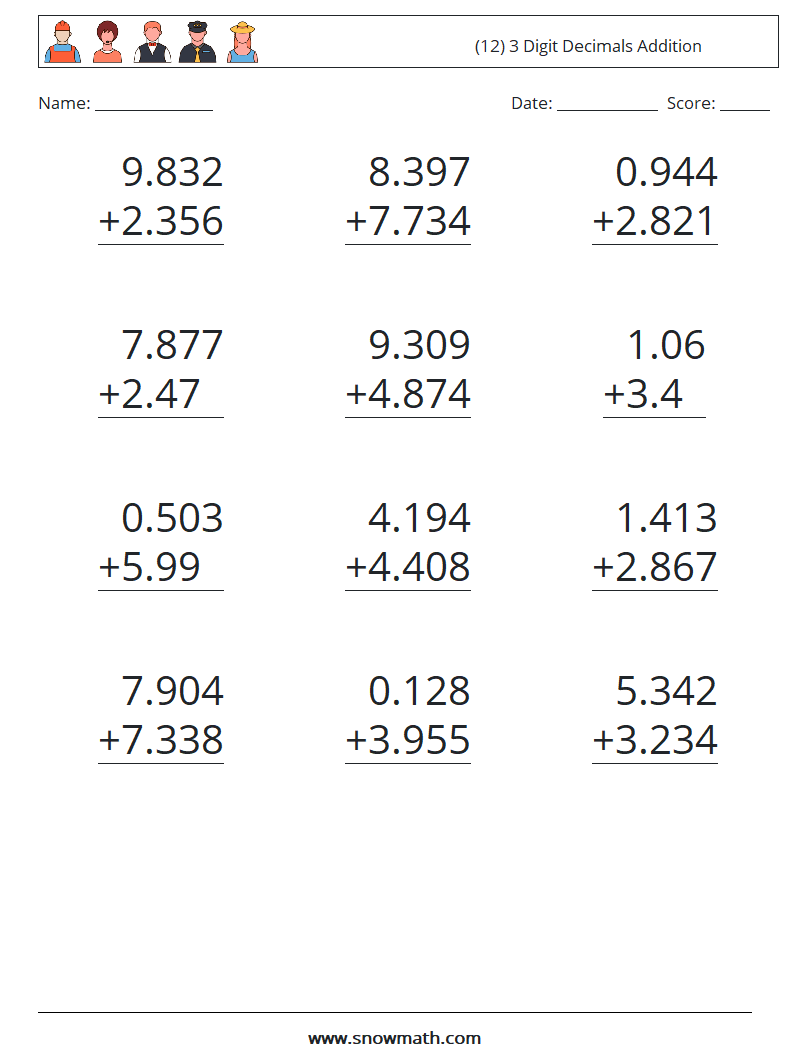 (12) 3 Digit Decimals Addition Maths Worksheets 11