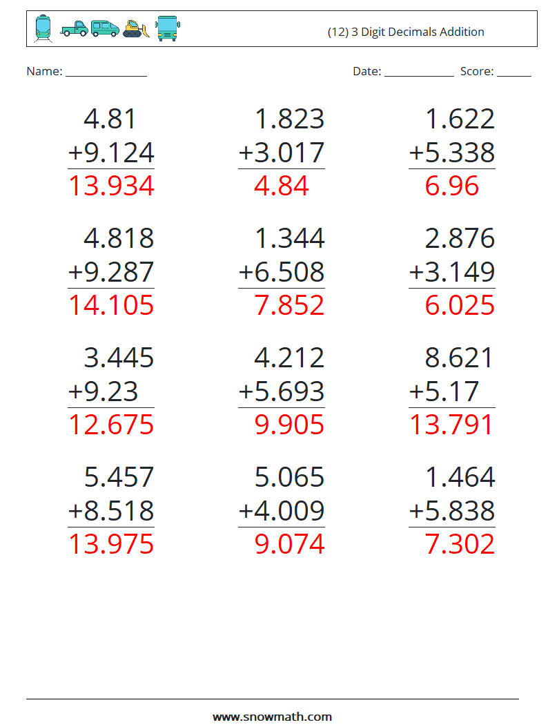 (12) 3 Digit Decimals Addition Maths Worksheets 12 Question, Answer