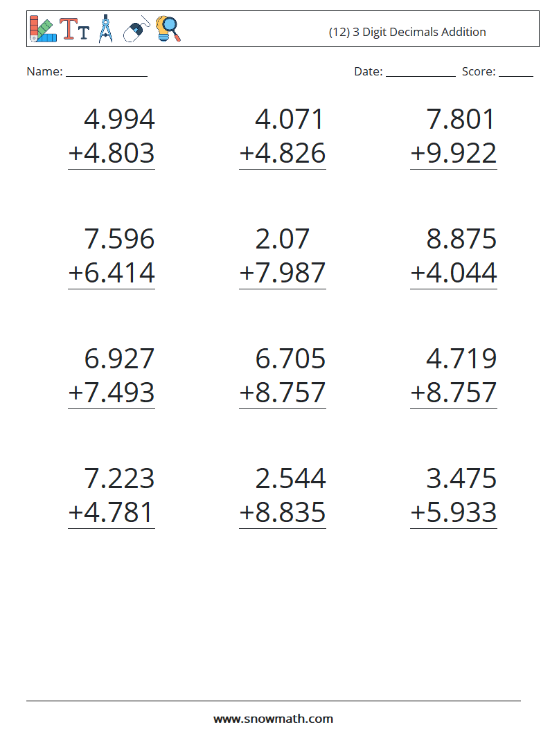 (12) 3 Digit Decimals Addition Maths Worksheets 14
