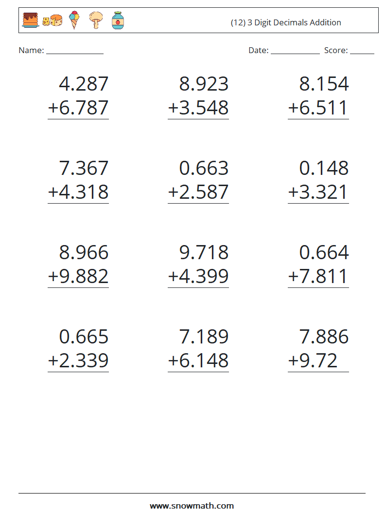 (12) 3 Digit Decimals Addition Maths Worksheets 15