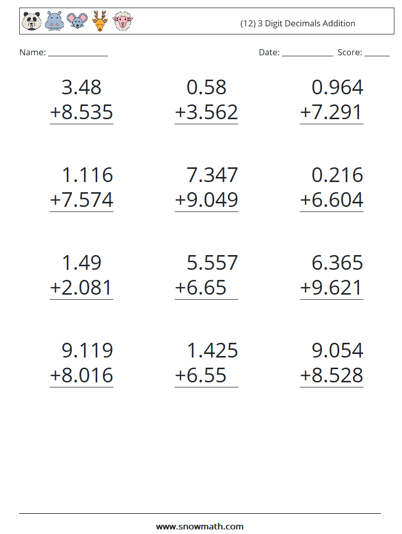 (12) 3 Digit Decimals Addition Maths Worksheets 18