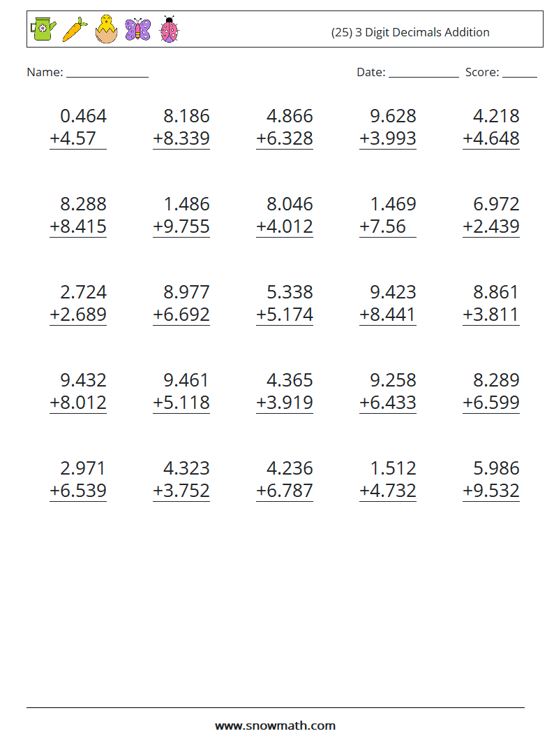 (25) 3 Digit Decimals Addition Maths Worksheets 10