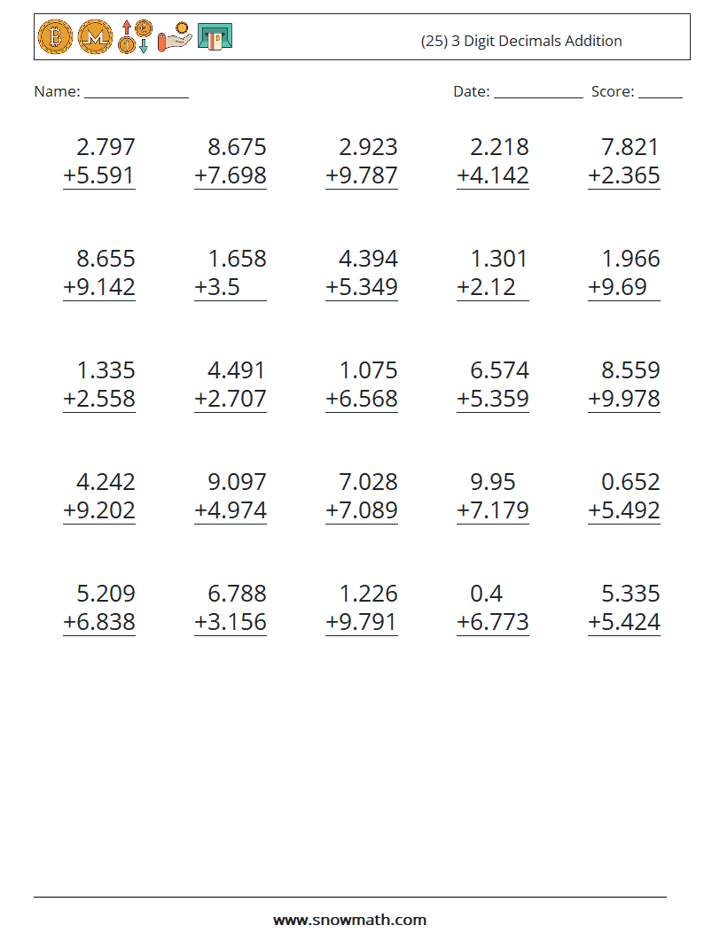 (25) 3 Digit Decimals Addition Maths Worksheets 11