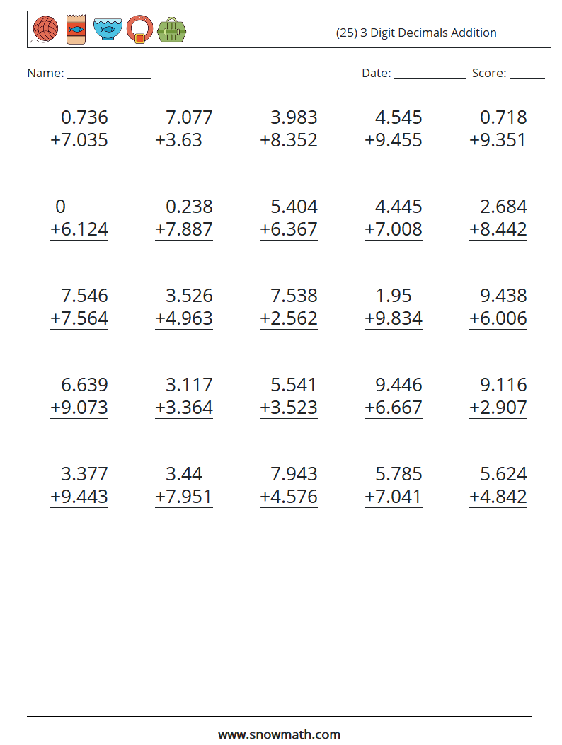 (25) 3 Digit Decimals Addition Maths Worksheets 12